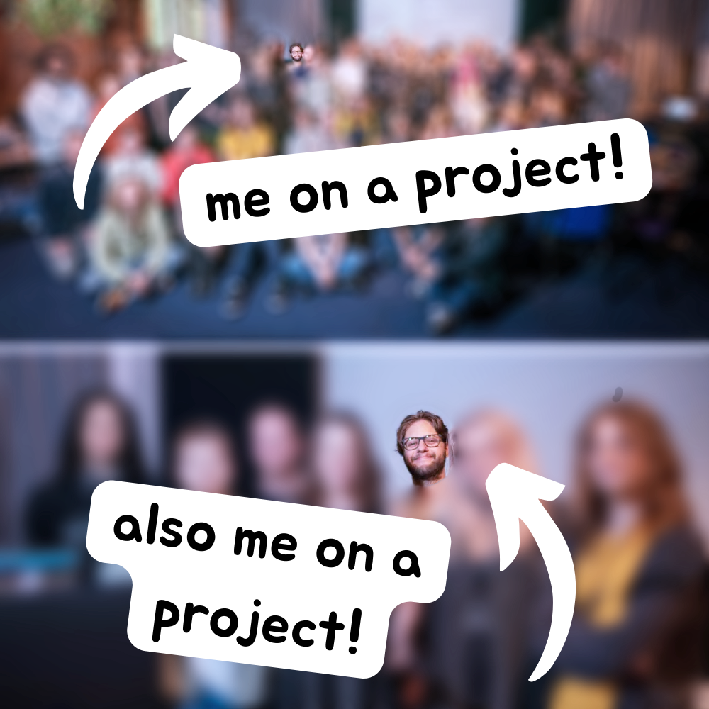 Two large group photos in which every member is heavily blurred out except for Luke. Image 1 is from a distance, and Luke's tiny head is visible in the crowd. Image 2 is a closer photo with a smaller group with Luke visible. Text poputs point to different picture features. #1 reads 'me on a project!'. #2 reads 'Also me on a project!'